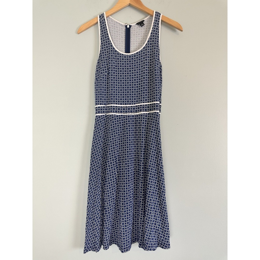 Ann Taylor Dress XS Blue White Geometric Fit & Flare Sleeveless 36" Stretch